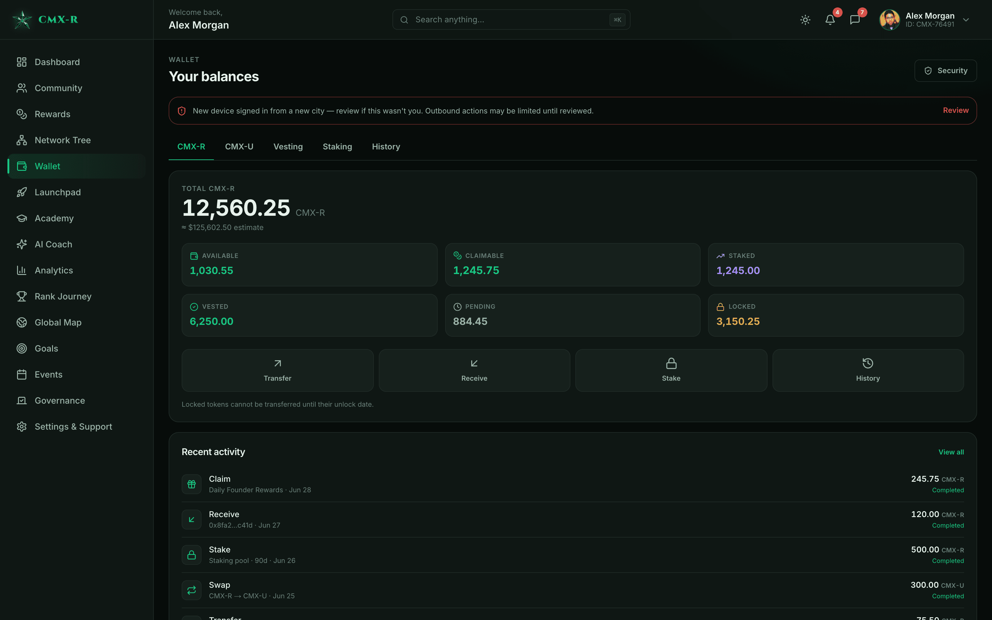 CMX HUB wallet — CMX-R and CMX-U balances, vesting, staking and transaction history